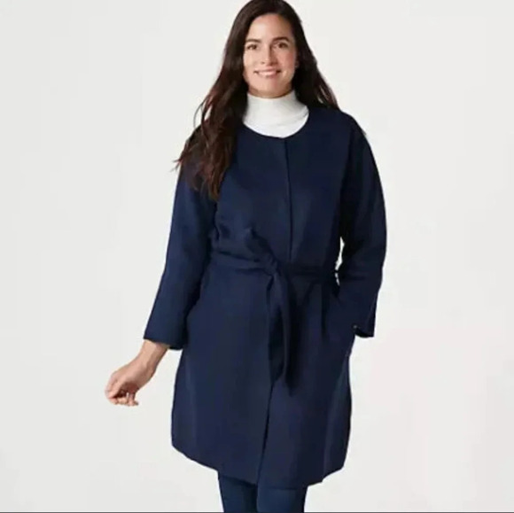 Wool blend Isaac Mirzah Live coat navy snap buttons self tie  belt nwot large - Picture 2 of 13